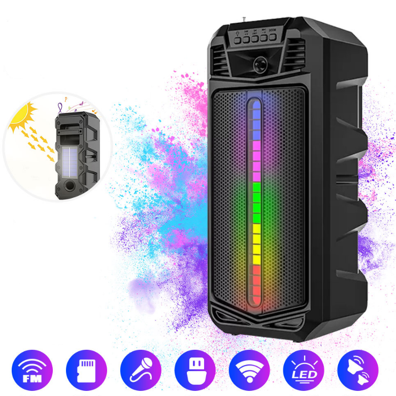 BT hordozható hangszóró, 48W PMPO, napelemes töltés, RGB