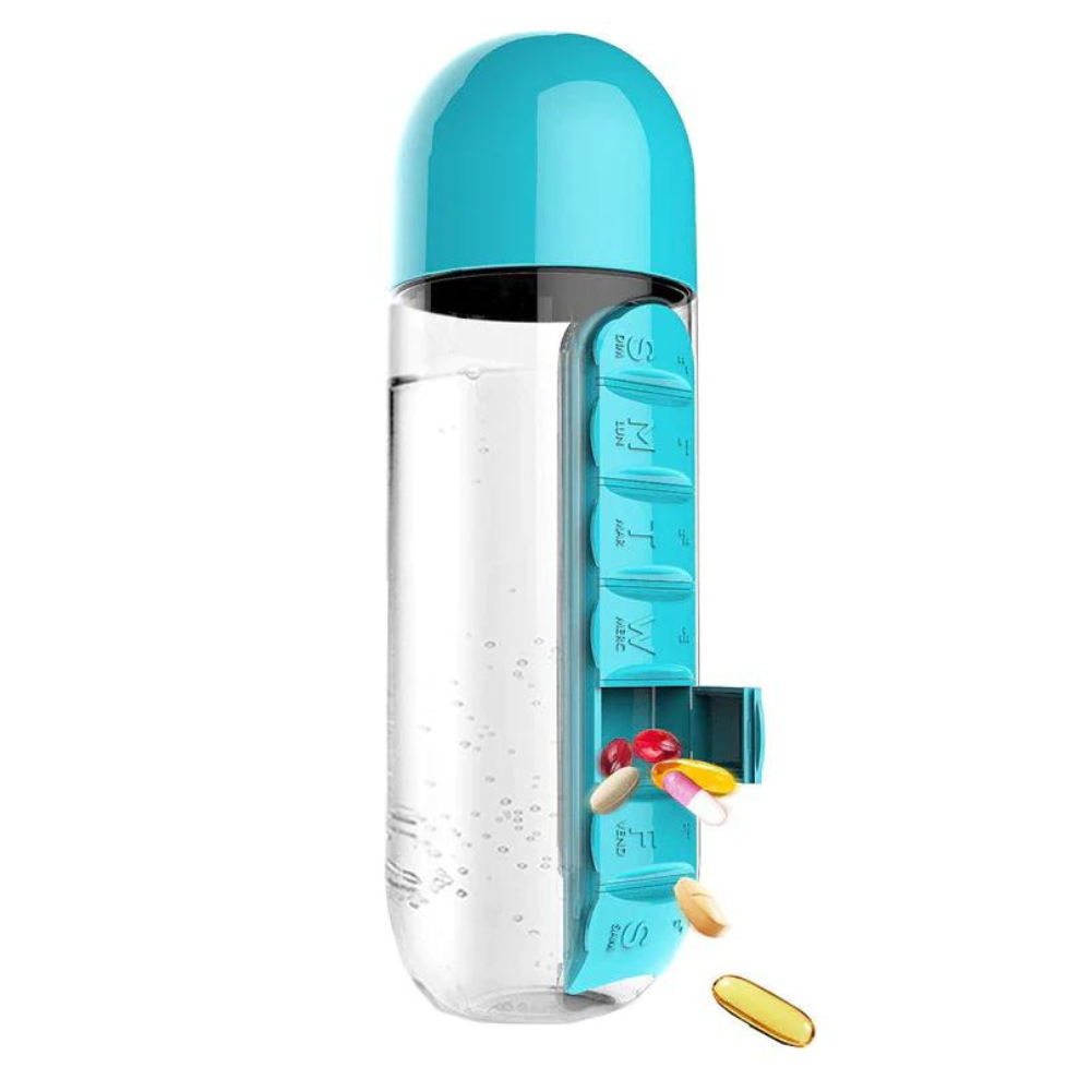 Vizes palack gyógyszeres rekeszekkel, 600 ml, kék színben   