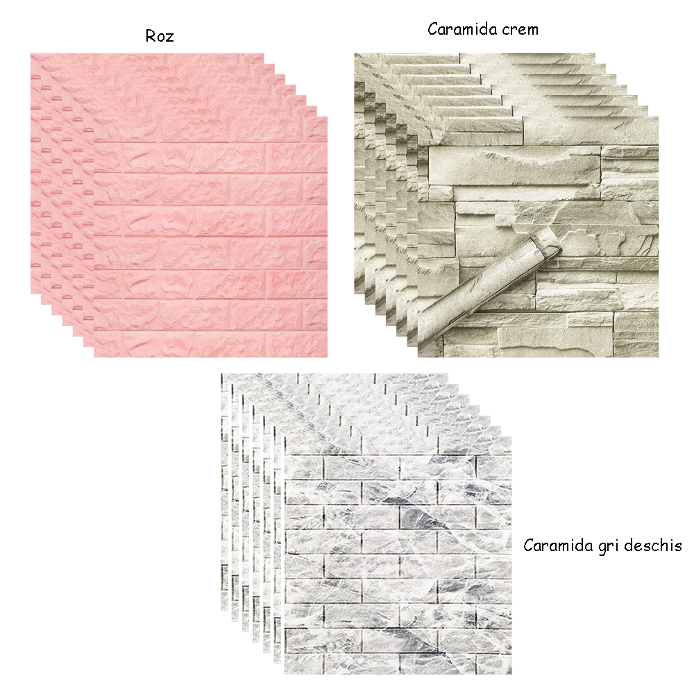 6 darabos öntapadós 3D tapéta szett, dombornyomott tégla és kő